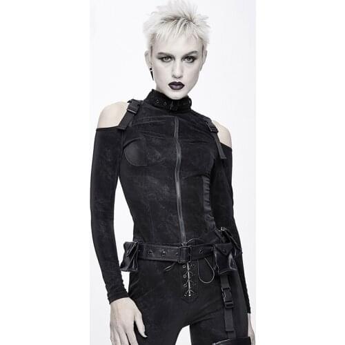 Devil Fashion Gothic Punk Jacket Women Black Open Shoulder Coat Women Slim Fit Belts On Shoulder