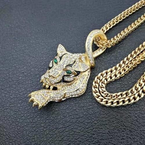 Fashion Mens Gold Color Inlaid Austrian Rhinestone Tiger Animal Pendant Male Necklace for Party Jewelry Accessories