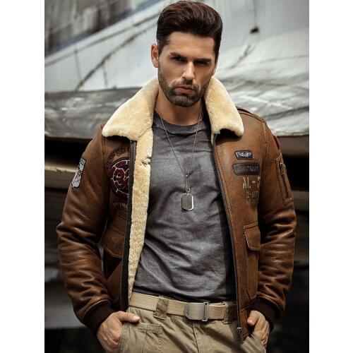 2019 Mens Brown Shearling Jacket Leather Jacket Fur Coat Mens Airforce Flight Coat Embroidered Jacket
