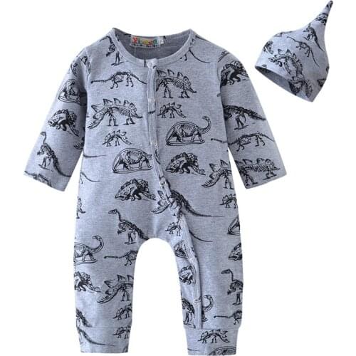 Autumn Newborn Boby Boy Toddler Clothes Suit Cotton Dinosaur Printed Long Sleeve Romper+Hat Girl Infant Jumpsuit Outfits Set