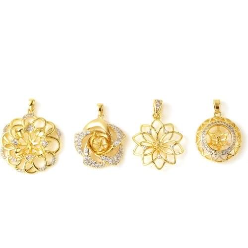 Doreen Box Copper Micro Pave Pearl Pendant Connector Bail Pin Cap 18K Real Gold Plated Flower Clear Rhinestone Pendant,1 Piece
