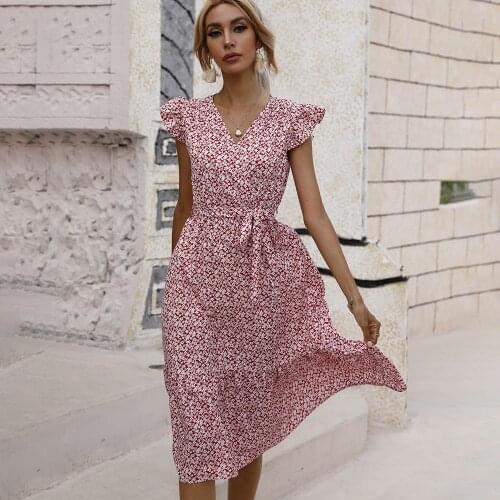 Casual Fashion Floral Print Ruffles Dress Women Summer Elegant V Neck Lace-up Knee-length Dresses 2021 Woman Boho Beach Dress