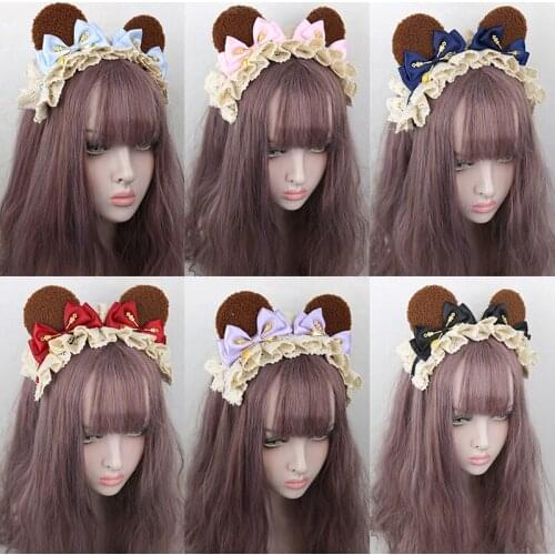 Original Handmade Lolita Hair Accessories New Hair Clasp Sweet Cute Bear Ears KC Japanese Lace Trim Bowknot Headdress Hairpin