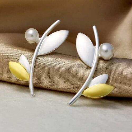Delicate Long Branch Leaves Earrings Two Tone Gold Silver Color Tree Leaf Twist Vines Pearl Piercing Earrings Gift for Lady