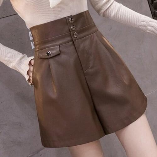 Women PU Shorts Autumn Winter High Waist Shorts Solid Black Ladies Shorts Skirt Pocket Wide Leg Trouser Short Pants Women 2021
