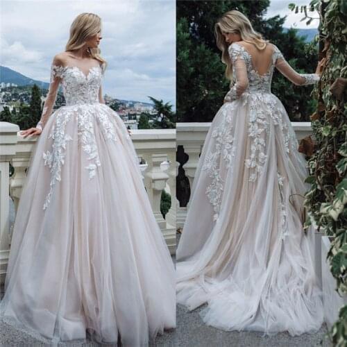 Long Sleeves Princess Wedding Dresses 2020 Tulle A Line Open Back Bridal Ball Gown Lace Appliques Illusion Vestido De Noiva New