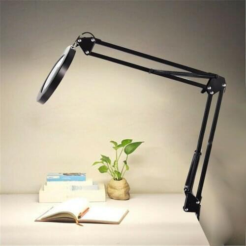 LED Magnifying Glass Table Lamp USB 12W Stepless Dimming 3 Colors Desk Light Foldable Flexible Metal Swing Arm Magnifier Light