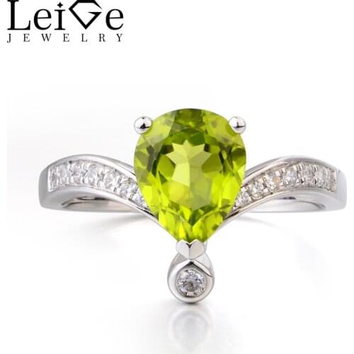 Leige Jewelry Natural Green Peridot Ring Promise Ring August Birthstone Pear Cut Gemstone 925 Sterling Silver Ring for Women