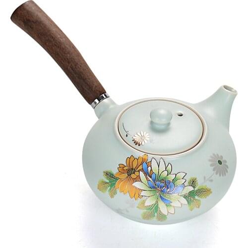 Japanese style flower side kungfu tea ceremony set wood handle teapot ceramic large tea maker single pot teaware