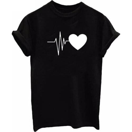 Funny Electrocardiogram Heart Print T Shirt Women Short Sleeve O Neck Tshirt Women Summer Tee Shirt Tops