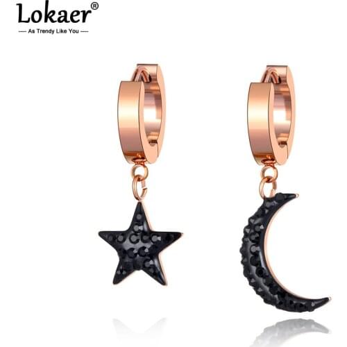 Lokaer Trendy Titanium Stainless Steel Bohemia Star Moon Earrings Jewelry Rose Gold CZ Crystal Hoop Earrings For Women E20287