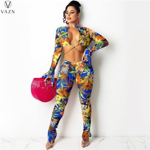 VAZN 2021 Lady Fashion New Sexy Holiday Style Sets Long Sleeve Hollow Out Top Elastic Long Pants Printed Two Piece Sets