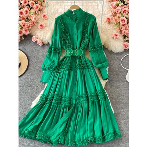 Autumn Green/Pink/White Party Long Dress For Women Vintage Stand Collar Maxi Vestidos Ruffle Patchwork Single Breasted Robe 2021
