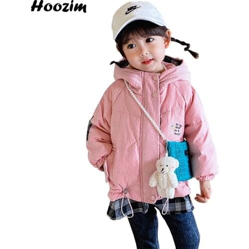 Winter White Duck Down Jacket For Girls 2 To 8 Year Color Block Plaid Letter Fake Outerwear Kids Beige Drawstring Coat Boys 2021