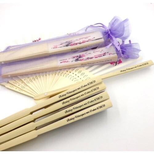 96PCS Personalized Wedding Cherry Blossom Fan in Yarn Bag Custom Printing Bride&Groom Date and Name Sakura Fans with Organza Bag