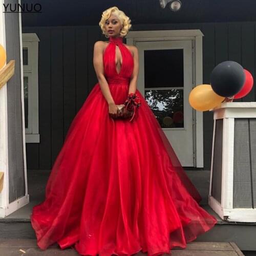 YUNUO Sleeveless Ball Gown Evening Dresses Red High Halter Neck Backless Prom Party Dress vestidos de fiesta Floor Length Pocket