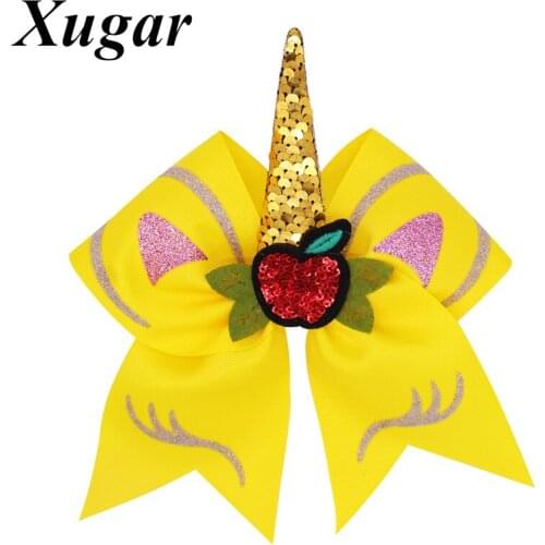 7" Back To School Unicorn Cheer Bows Glitter Print Sequin Apple Hair Bows for Girls Children Hairgrip Hair Accessories