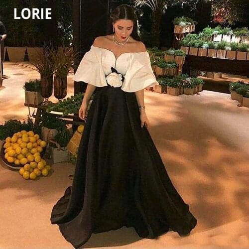 LORIE White and Black Formal Evening Dresses Off Shoulder Long Puffy Sleeve Prom Party Dresses Special Occasion Gowns Satin 2020