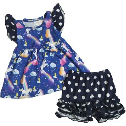 Hot sales cartoon outfits for baby girls flying sleeve t shirt+dotted elastic shorts children 2 pieces sets Toddler clothing gxj