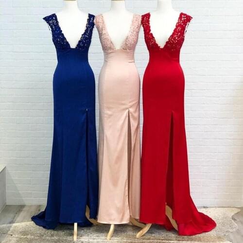 Long Bridesmaid Dresses 2020 Sheath Deep V Neck High Side Slit Cap Sleeves Junior Honor of Maid Gown Lace-Up Wedding Party Dress