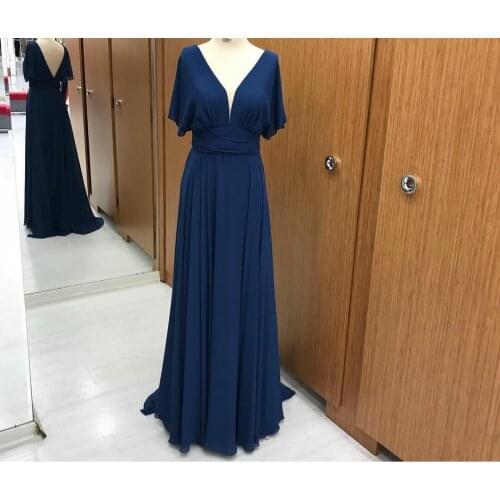 Elegant Long Chiffon Navy Blue Evening Dresses with Pockets A-Line V-Neck Zipper Back Abendkleider Robes De Soirée for Women