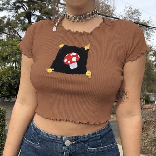 Indie Aesthetics Patchwork Ribbed Ruffles Brown Tops 90s Vintage O-neck Short Sleeve Crop Tops Mushroom Embroidery Tops