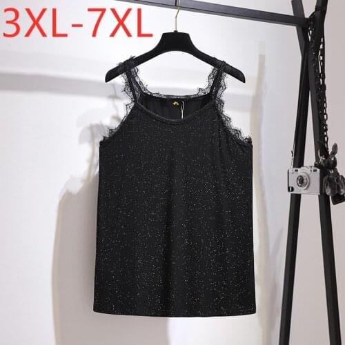 New Ladies Summer Plus Size Basic Tank Tops For Women Large Sleeveless Lace Black Cotton Sequins V-neck Vest 3XL 4XL 5XL 6XL 7XL