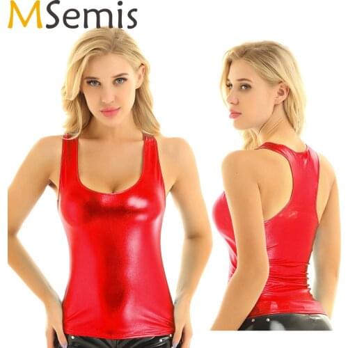 MSemis Womens Fashion Shiny Metallic Tank Top Sleeveless Racer Back Slim Fit Summer Camisole Vest Top Clubwear Party Camis