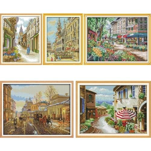 City Street Cross Stitch Kits Embroidery Needlework Patterns Stamped 11CT 14CT Print Thread Canvas Counted Fabric Decoration Set