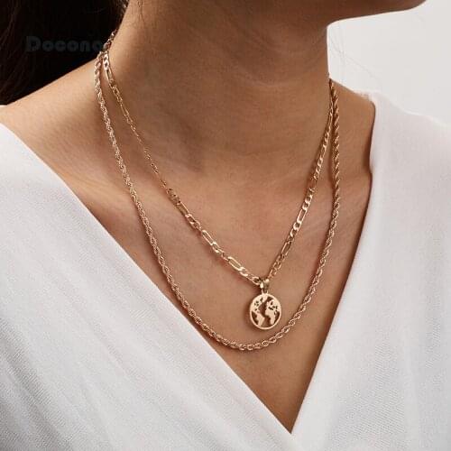 Docona Boho Gold color Carved hollow Round Pendant Necklace women Double layer Long Necklaces Statement Jewelry Collares 9520