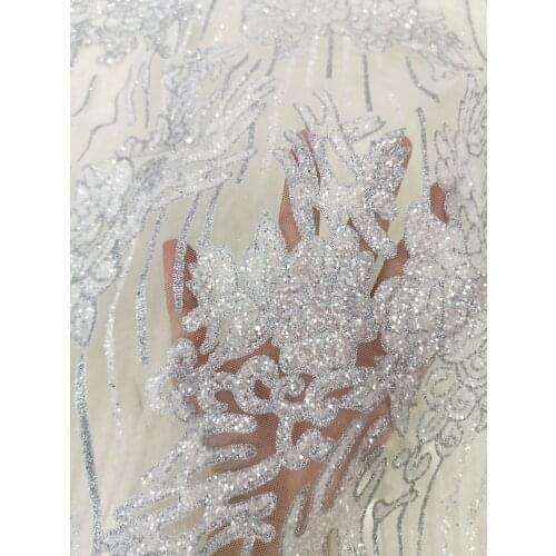 Luxury Design Yellow Pearls Lace Dubai Beading Fabric Gold Glitter Tulle Latest Nigerian High Quality Wedding Dress Material DIY