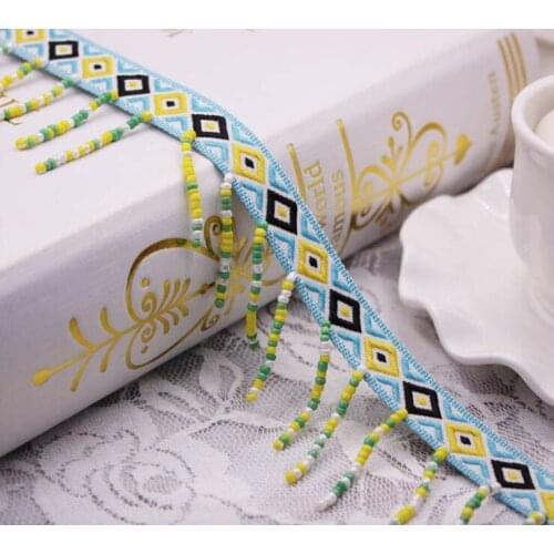 Embroidery ethnic jacquard webbing woven tape bead fringe lace trim ribbon 4cm tribal boho DIY zakka accessory native gypsy jean
