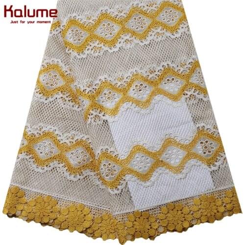 Kalume High Quality African Guipure Cord Lace Fabric Yellow Hollow Out Nigerian Water Soluble Cord Lace Fabric For Wedding F2200