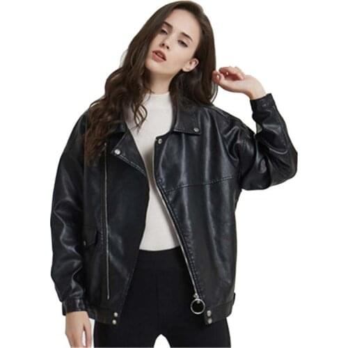 Boyfriend Style Black Faux Leather Biker Jacket for Women Cute Ladies Punk Rock Raglan Sleeve Slant Zipper PU Leather Jacket