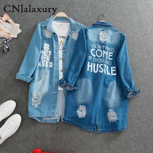 9XL Plus Size Spring Autumn Long Denim Jacket Women Casual Frayed Hole Letter Loose Jeans Coat Female Oversize Outwear