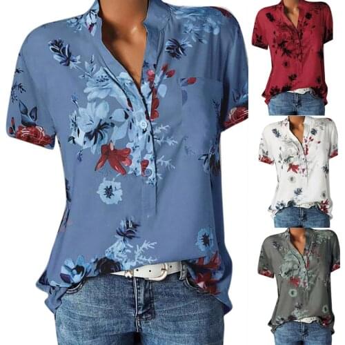 5xl Women Work Blouse And Shirts Summer Printing Pocket Plus Size Office Shirts Blusas Short Sleeve Blouse Easy Tunic Top