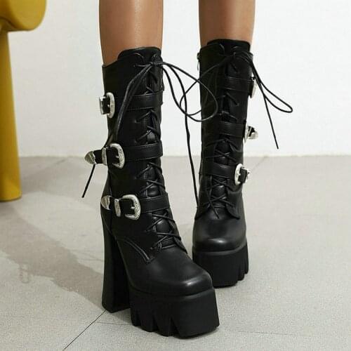 Women Motorcycle Boots Platform Super Square Heel 15cm Ladies Mid Calf Boots Buckle Cross Tied Women Winter Boots Plus Size 43