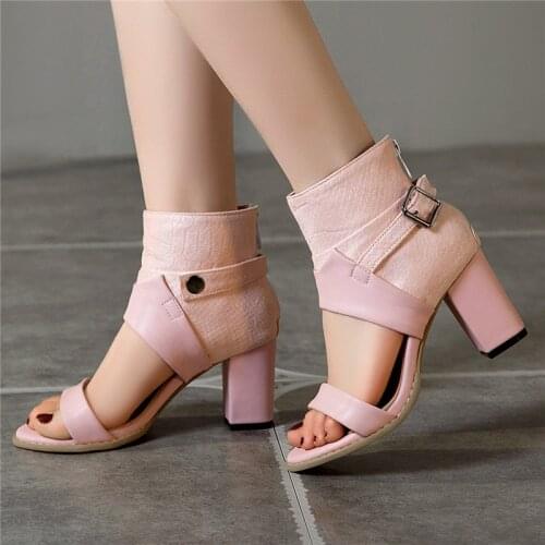Women Shoes Sandals 2020 Summer High Heels Open Toe Ankle Boots Block Heel Sandles Ladies Shoes Pink Brown Plus Size 44 45 46