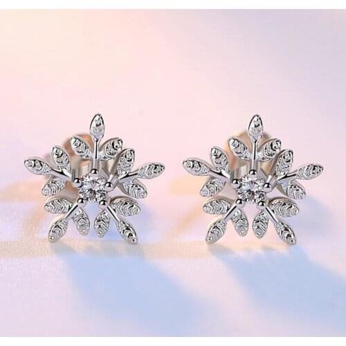 925 Sterling Silver Snowflake Zirconia Crystal Stud Earrings For Women Flowers Leaves Ear Jewelry brincos oorbellen