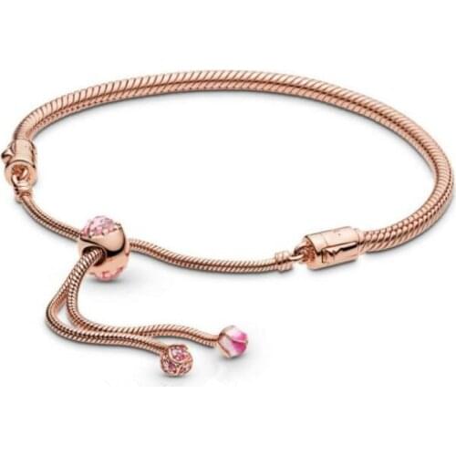 Original 925 Sterling Silver Rose Peach Blossom Flower Sliding Adjust Pan Bracelet Bangle Fit Women Bead Charm Diy Jewelry