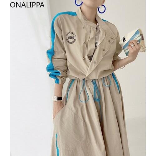 ONALIPPA 2021 Autumn Set Women Korean Chic Personalized Letter Print Hit Color Short Jacket High Waist Pocket Large Swing Skirt