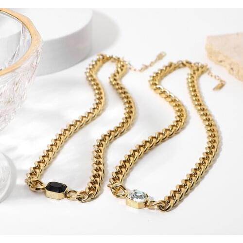 14K Gold Plated Stainless Steel Cuban Chain Necklace For Women Clear Glass Crystal Black Gem Choker Necklace Jewelry