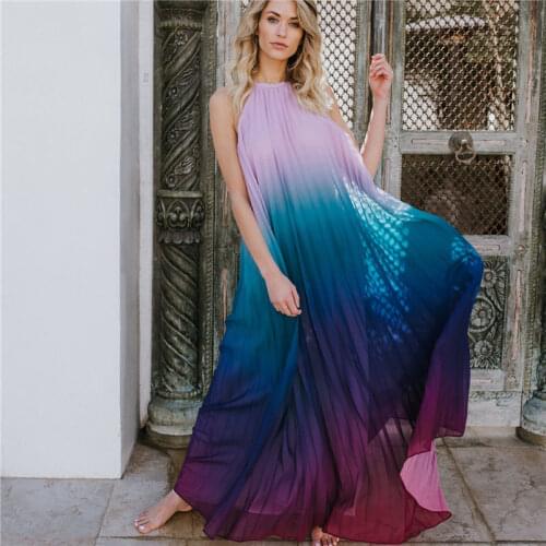 2020 Sexy Strap Halter Open Back Loose Summer Club Patry Dress Multicolored Chiffon Tunic Women Boho Runway Maxi Dresses A124