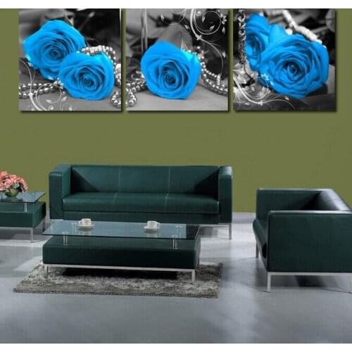 3 Panels Hot Modern Decorative Beautiful Blue Rose Flowers Pictures Printed On Canvas Painting Living Room For Home Decor