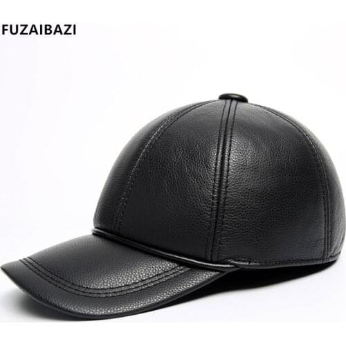 FUZAIBAZI New Genuine Leather Baseball Cap Mens Autumn Winter Keep Warm Earmuffs Peaked Caps Fashion Trend Cowhide Casual Hat