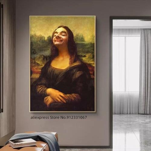 Humor Funny Print Mona Lisa and Mr. Bean Canvas Poster Living Room Bedroom Wall Art Decor Picture