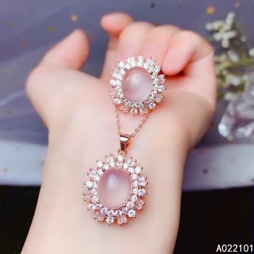 KJJEAXCMY fine Jewelry 925 sterling silver inlaid natural Rose Quartz new girl classic pendant ring set support test