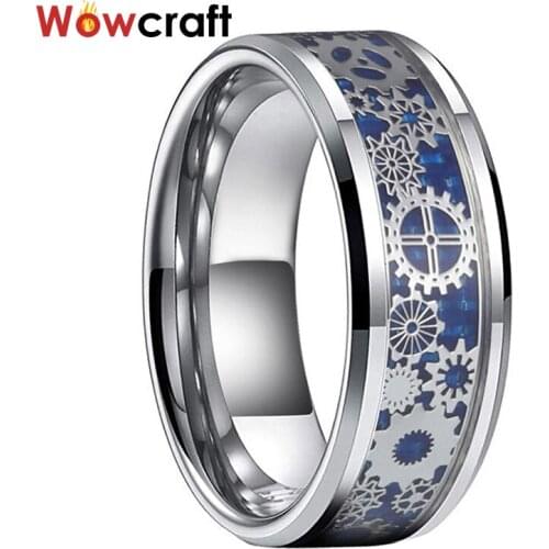 6/8mm Tungsten Rings for Men Women Wedding Bands Gears and Blue Carbon Fiber Inlay Comfort Fit Beveled Edges