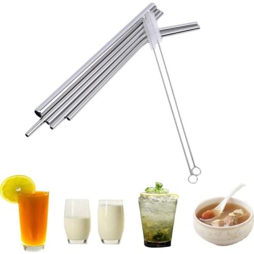 Reusable Stainless Steel Straw Metal Smoothies Drinking Straight Straws With Brush Bag Wholesale Bar Accessories