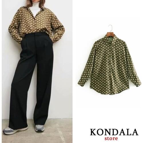 KONDALA Za 2020 Fashion Women Shirts Vintage Dot Print Oversized Shirts Long Sleeve Elegant Blouse Long Mujer Chic Tops
